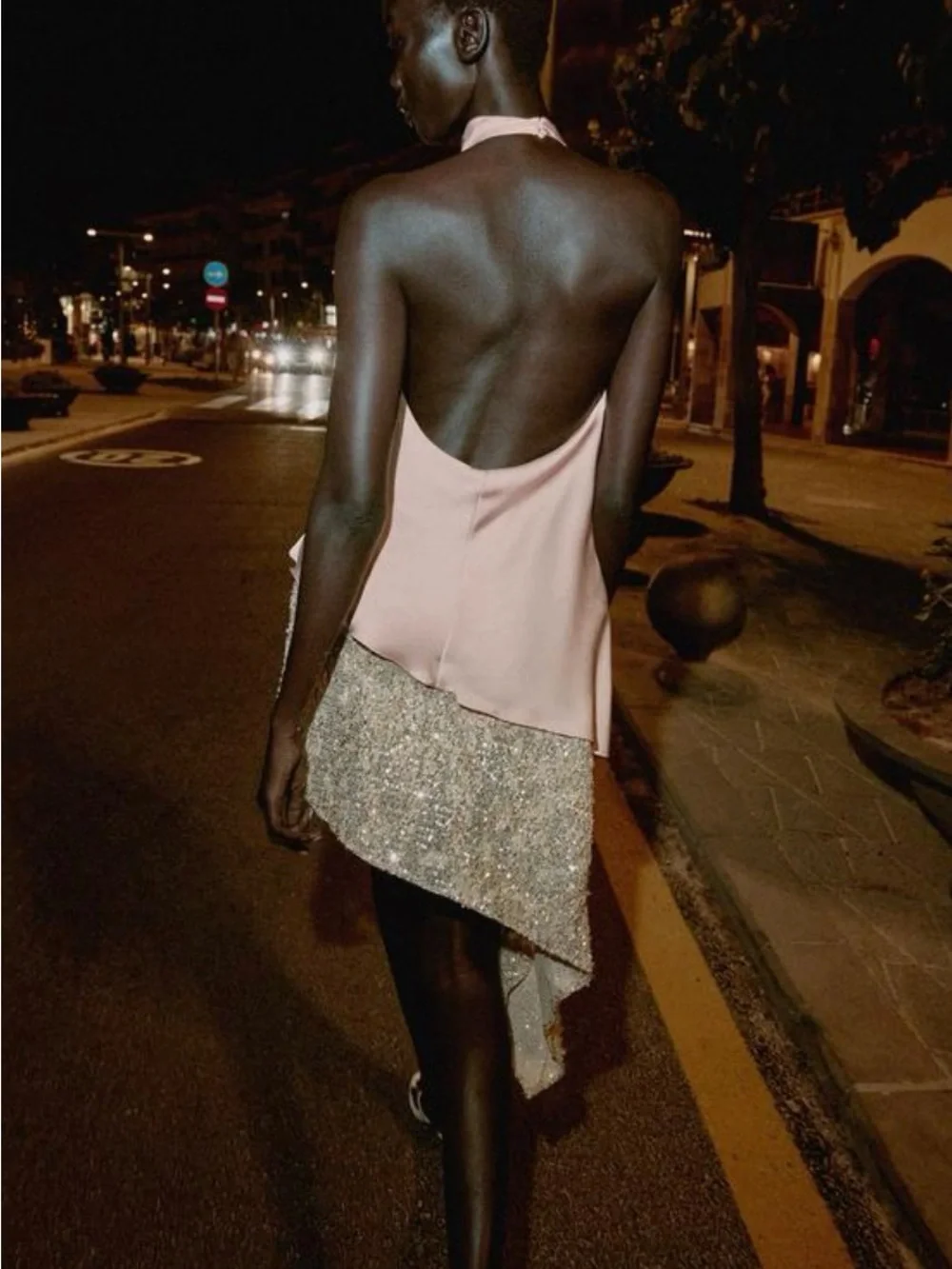 Zara Pink Top with Champagne Asymmetrical Sequin Skirt